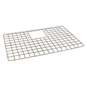 Stainless steel sink grid with rectangular wire pattern and central rectangular cutout.