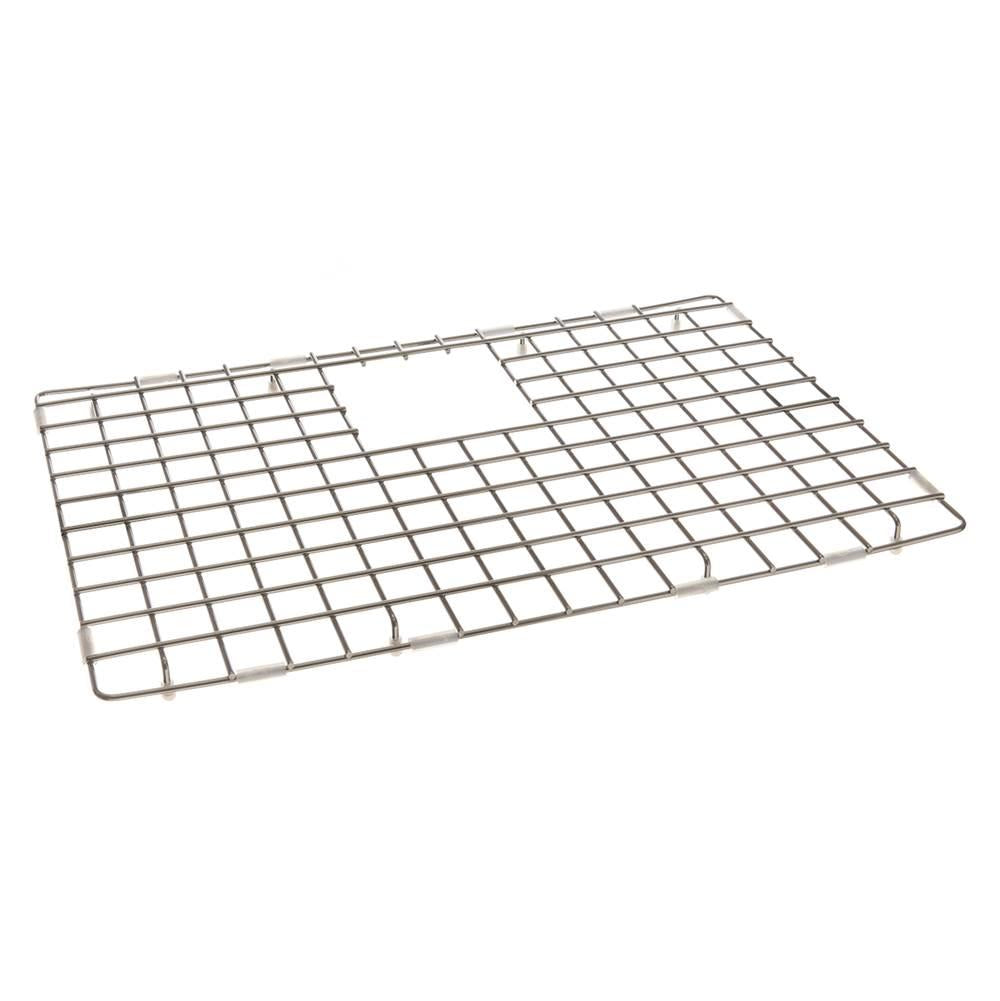 Stainless steel sink grid with rectangular wire pattern and central rectangular cutout.
