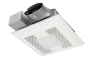 White square ceiling exhaust fan with integrated LED light and gray metal motor housing with black duct connector.