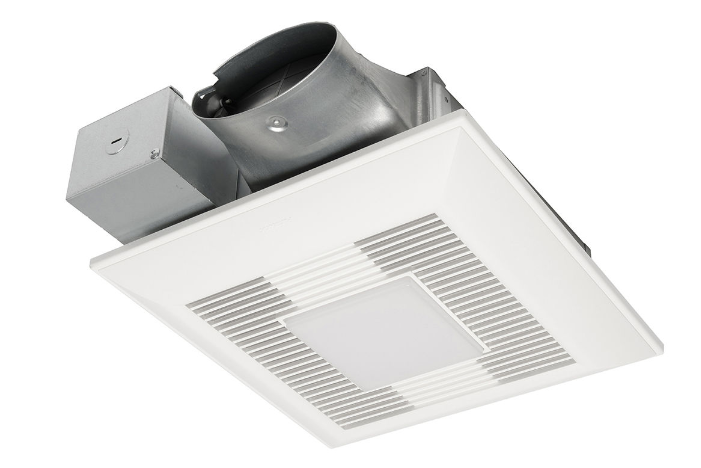 White square ceiling exhaust fan with integrated light fixture and metal ductwork connection.