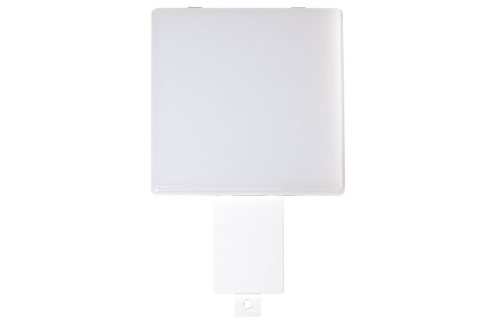 White square exhaust fan and light unit with rectangular duct connector and control switch below.