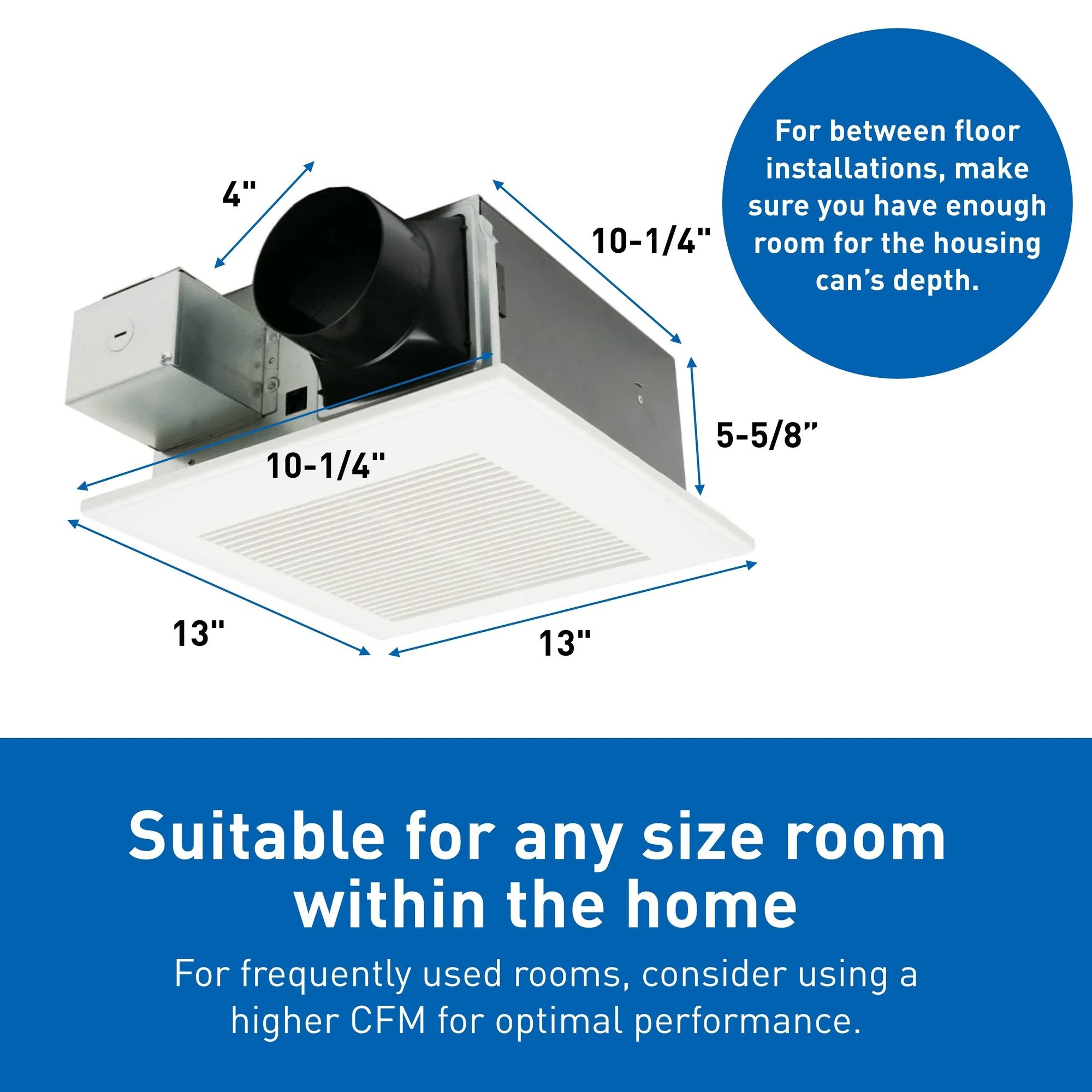 Panasonic WhisperFit DC ceiling exhaust fan with 13" square white grille and black duct connector, shown with dimensions.