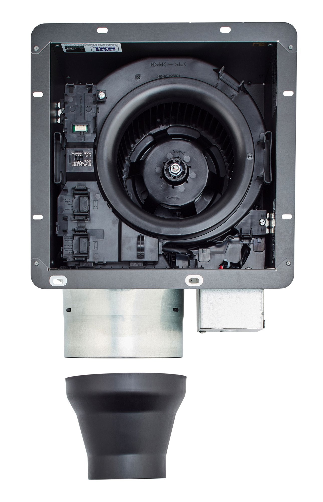Panasonic WhisperGreen ventilation fan showing internal motor and impeller assembly with mounting bracket and ducting compone