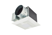 White ceiling-mounted exhaust fan with round metal duct connector, ventilation grilles, and integrated LED light housing.