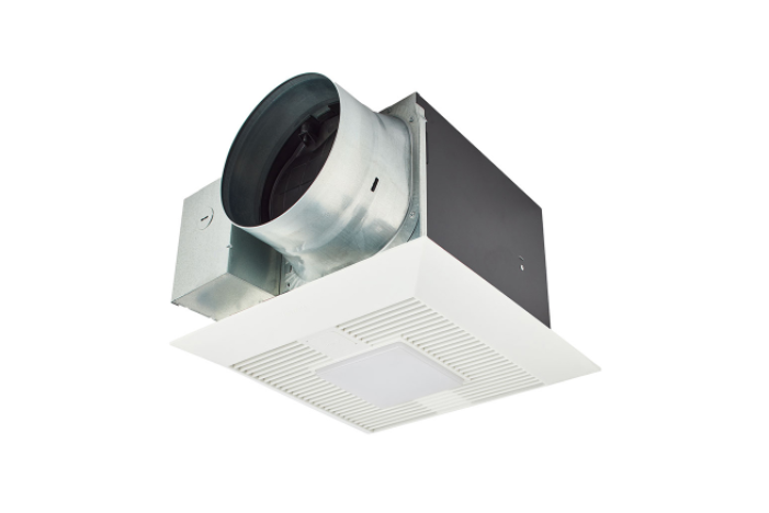 White ceiling-mounted exhaust fan with round metal duct connector, ventilation grilles, and integrated LED light housing.
