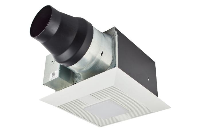 Panasonic WhisperGreen Select ceiling-mounted exhaust fan with black ductwork, white grille, and integrated LED light fixture