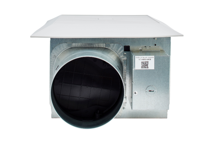 White rectangular exhaust fan unit with black circular duct opening and galvanized metal housing.