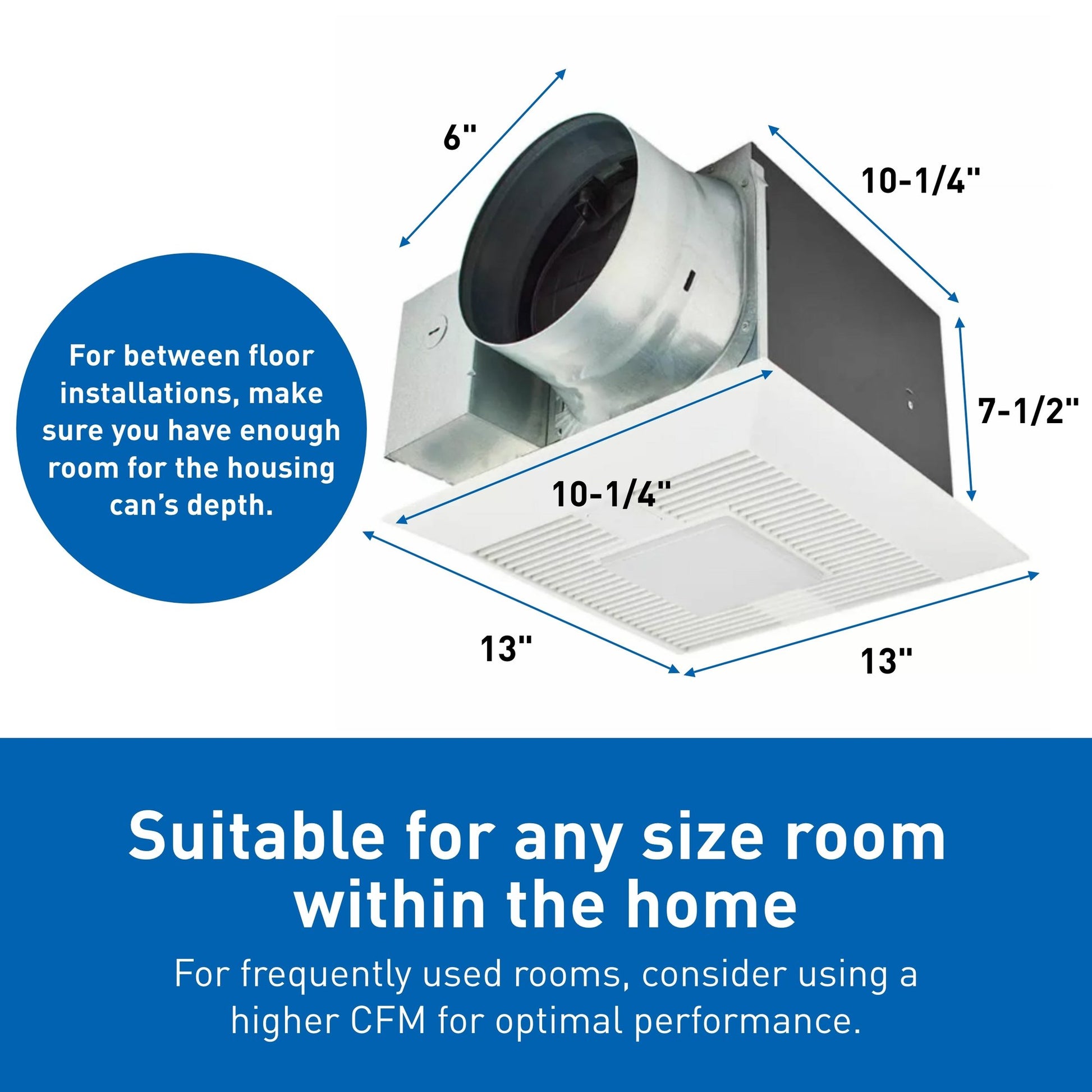 White rectangular ceiling-mounted ventilation fan with 6-inch duct, integrated LED light panel, and black damper, measuring 1