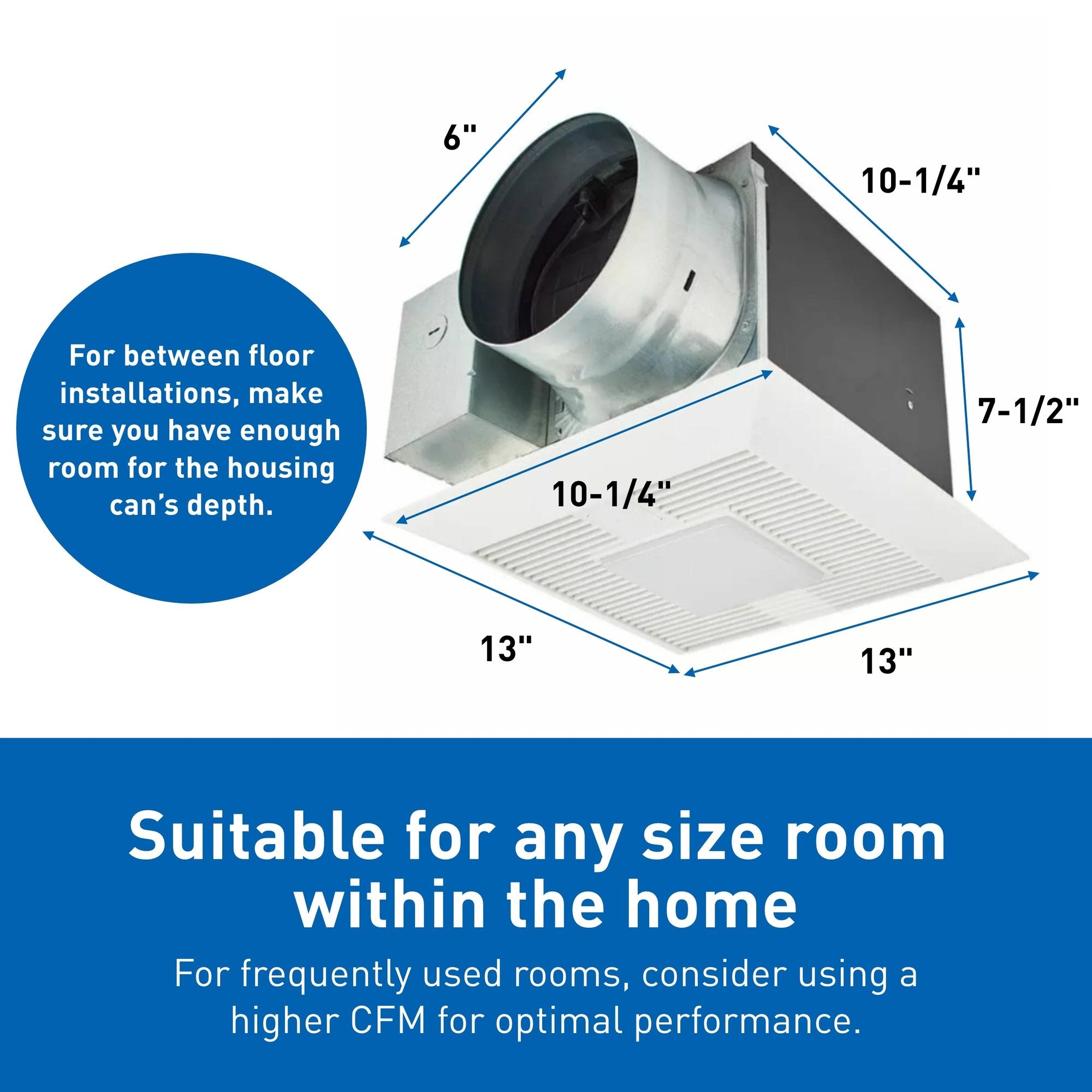 White rectangular ceiling-mounted ventilation fan with 6-inch duct, integrated LED light panel, and black damper, measuring 1