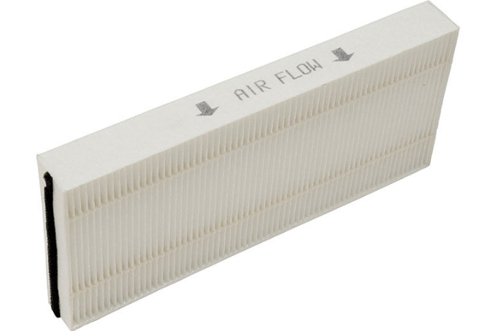 White pleated air filter with "AIR FLOW" text and directional arrows marked on top frame.