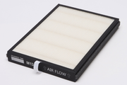 Rectangular air filter with white pleated media and black frame, showing M13 rating and airflow directional arrows on black s