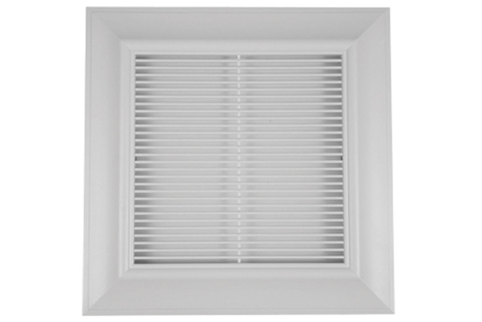 White square ventilation grille with horizontal slats and recessed frame.