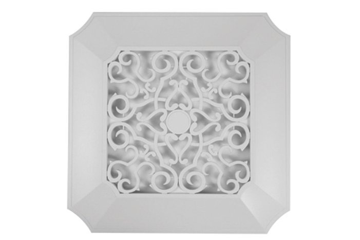 White square decorator grille with ornamental scrollwork pattern and center medallion detail.