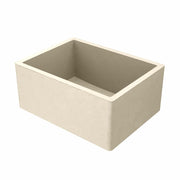Rectangular farmhouse sink in sand-colored concrete with white interior rim and sloped sides.