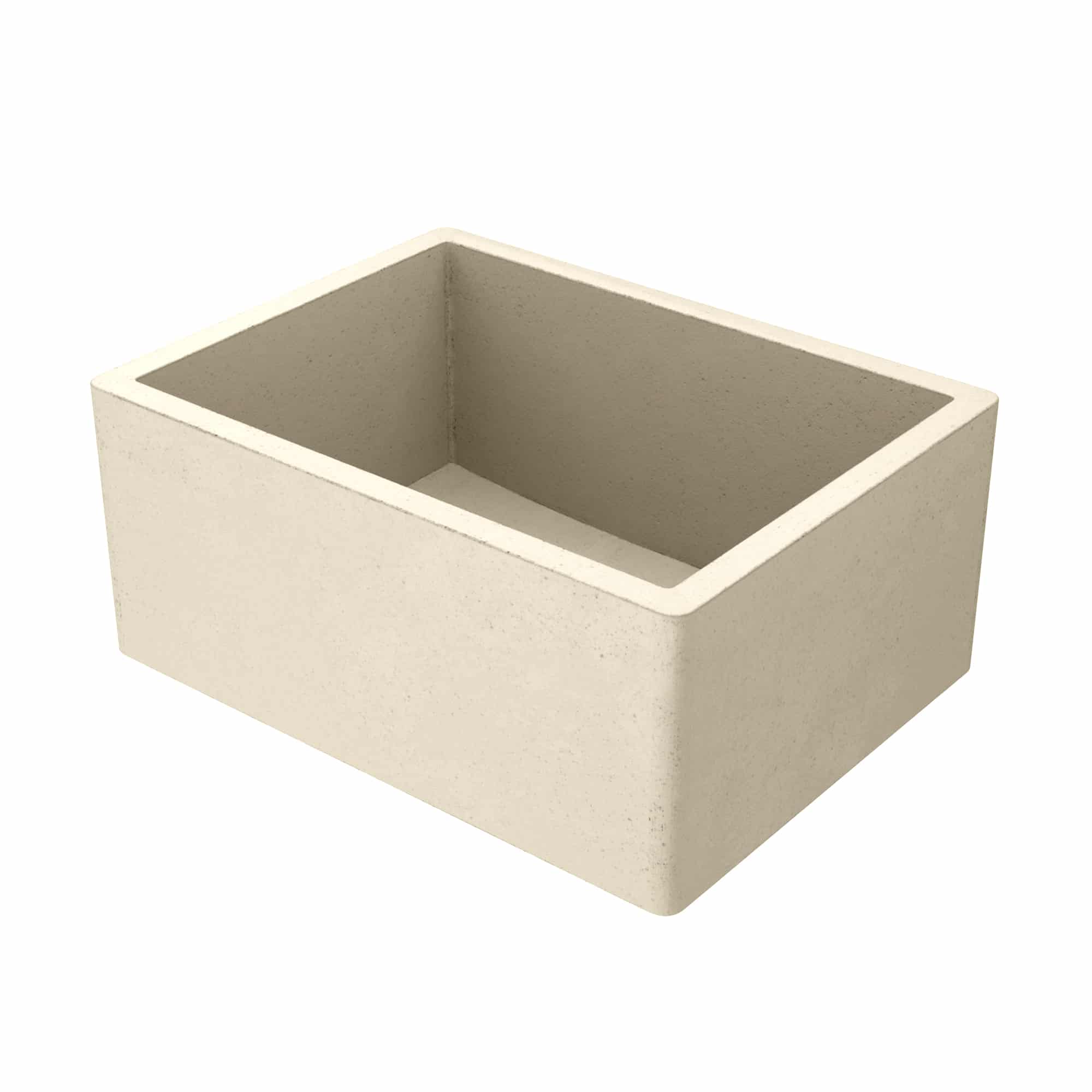 Rectangular farmhouse sink in sand-colored concrete with white interior rim and sloped sides.
