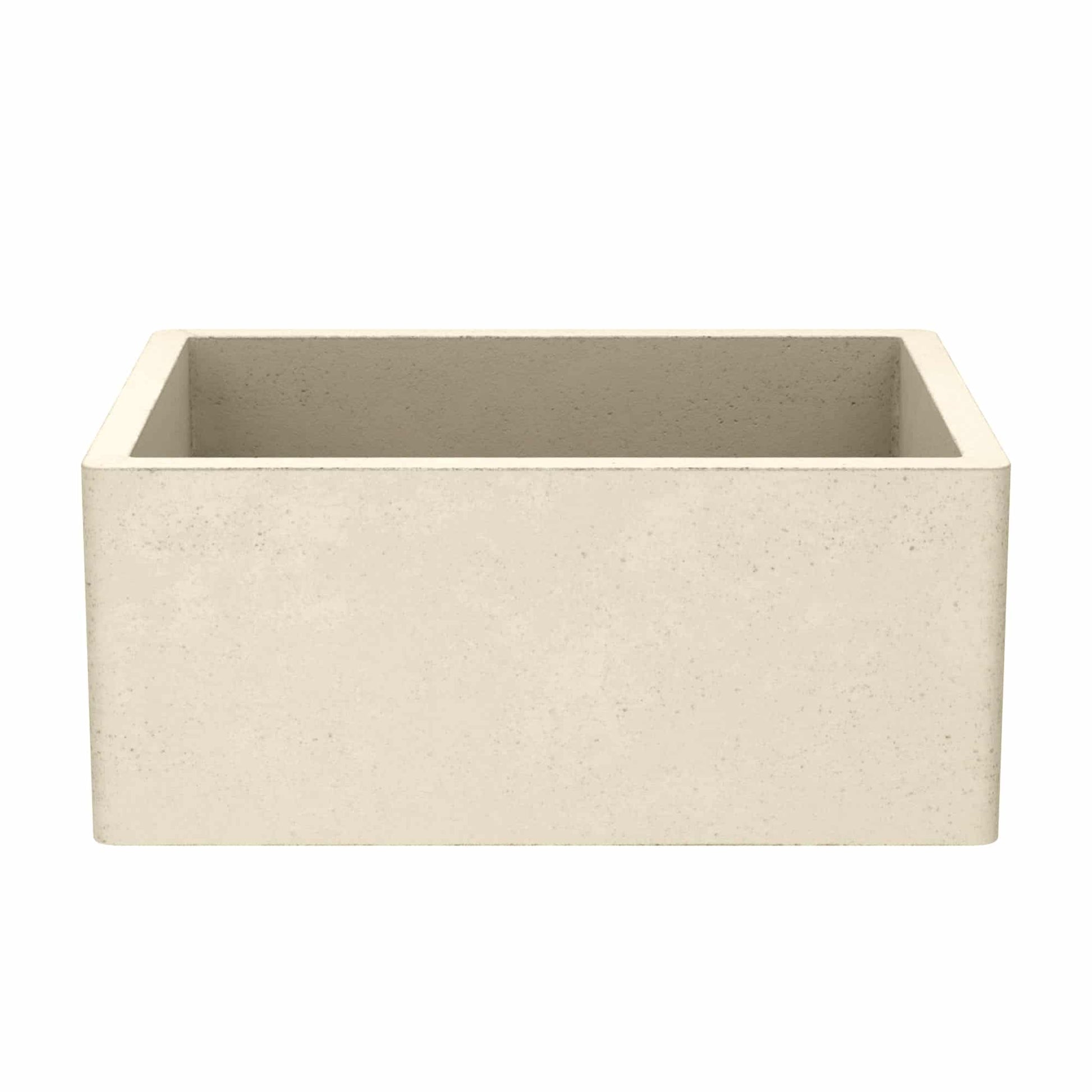 Cream-colored concrete farmhouse sink with rectangular basin and smooth exterior finish.