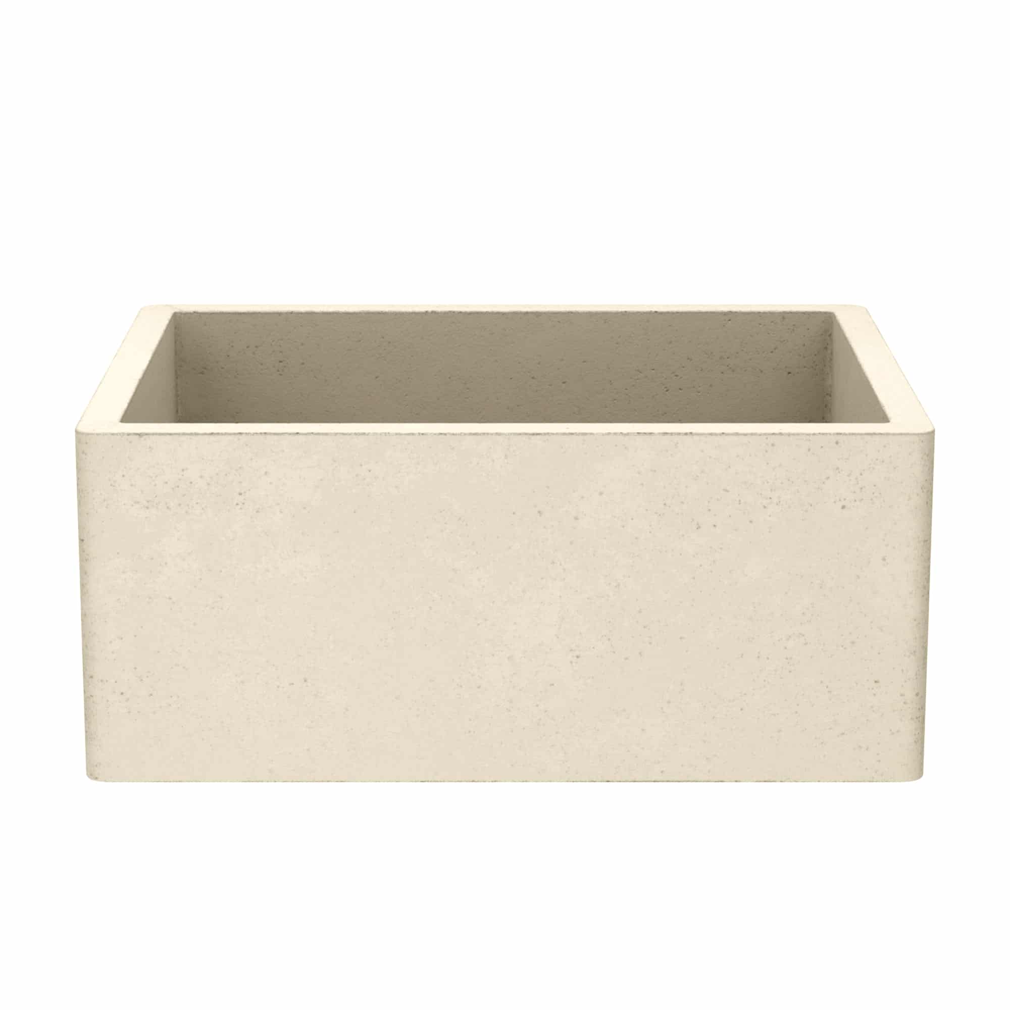 Cream-colored concrete farmhouse sink with rectangular basin and smooth exterior finish.