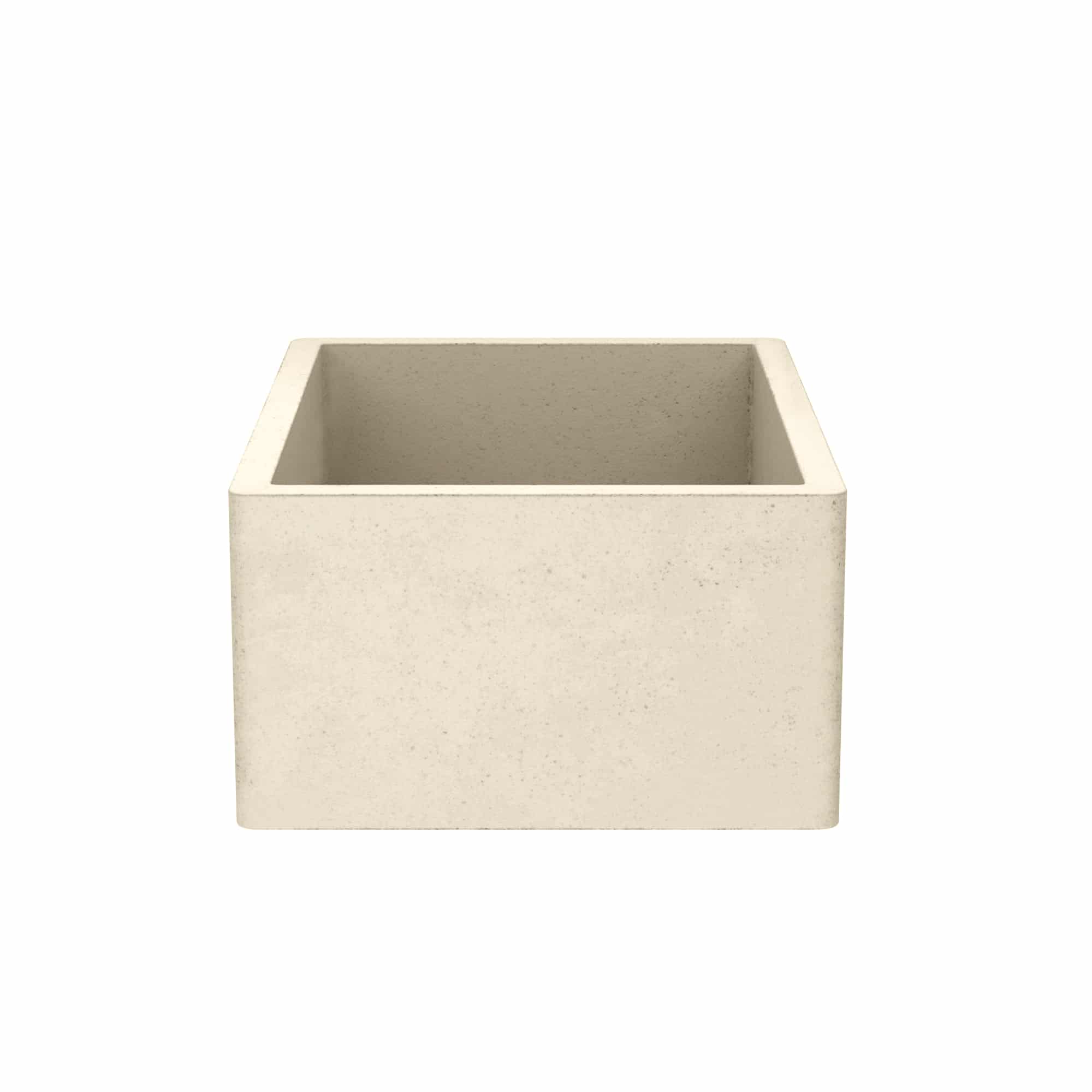Beige concrete farmhouse sink with square basin and smooth finish.