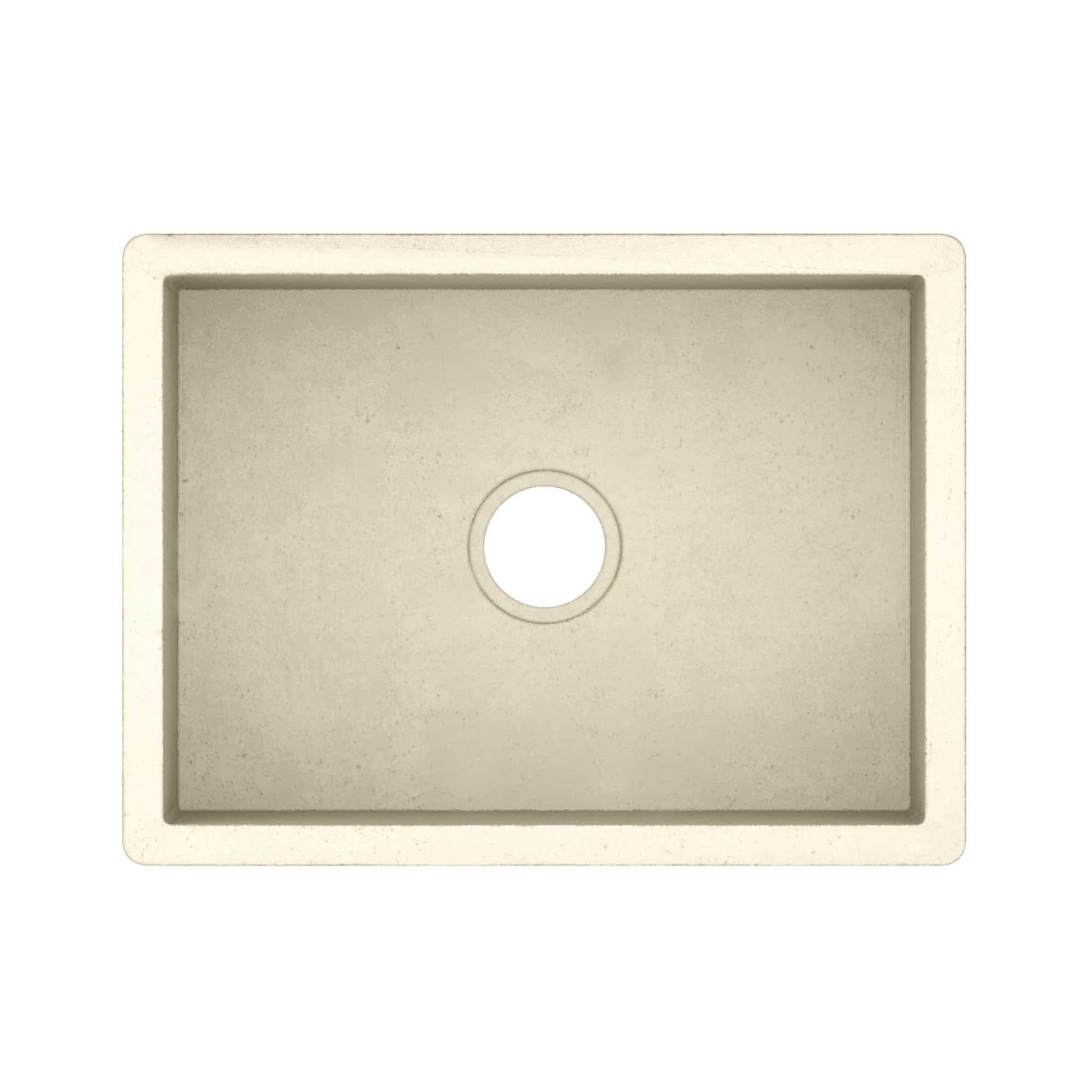 Sand-colored rectangular farmhouse sink with single drain hole and recessed interior basin.