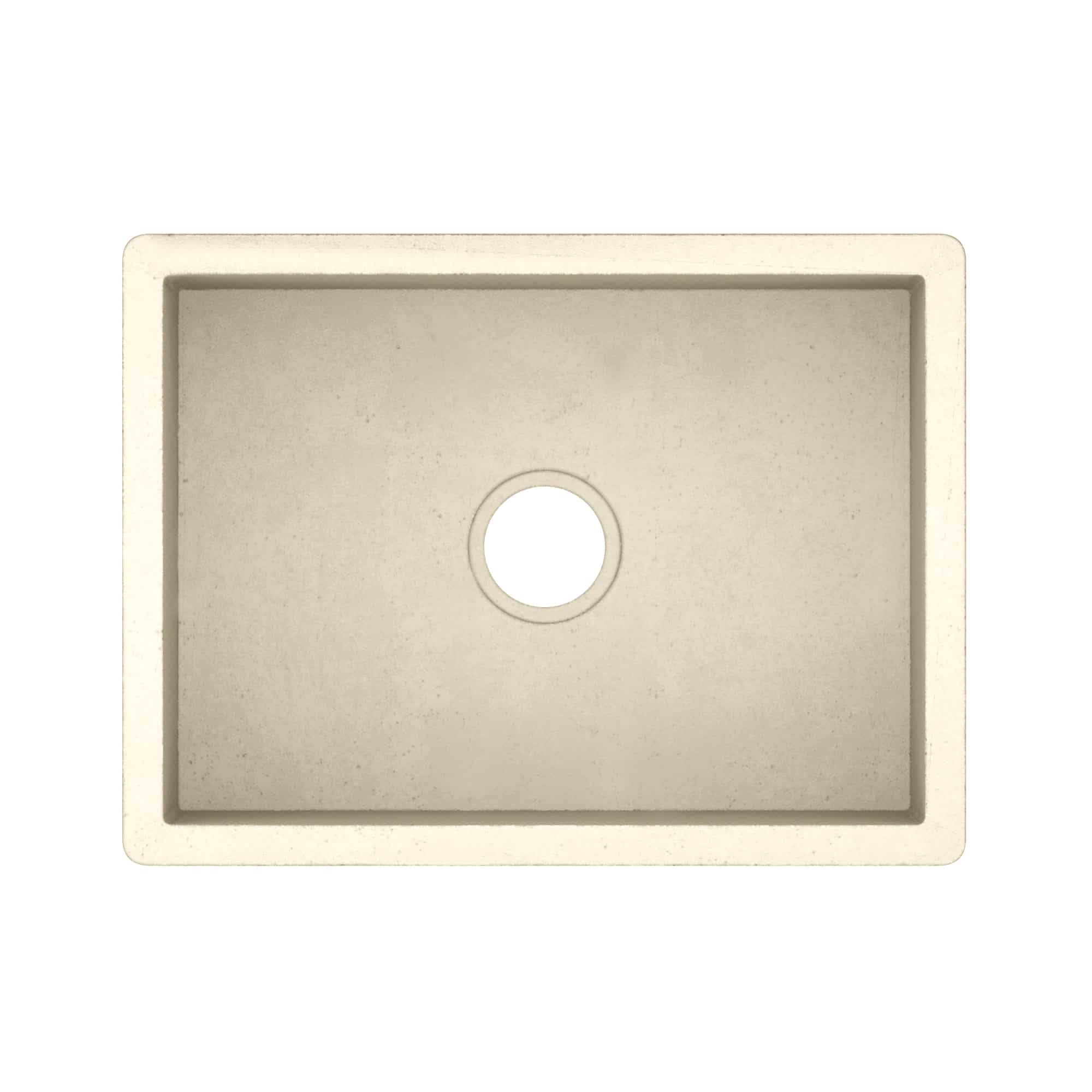 Sand-colored rectangular farmhouse sink with single drain hole and recessed interior basin.