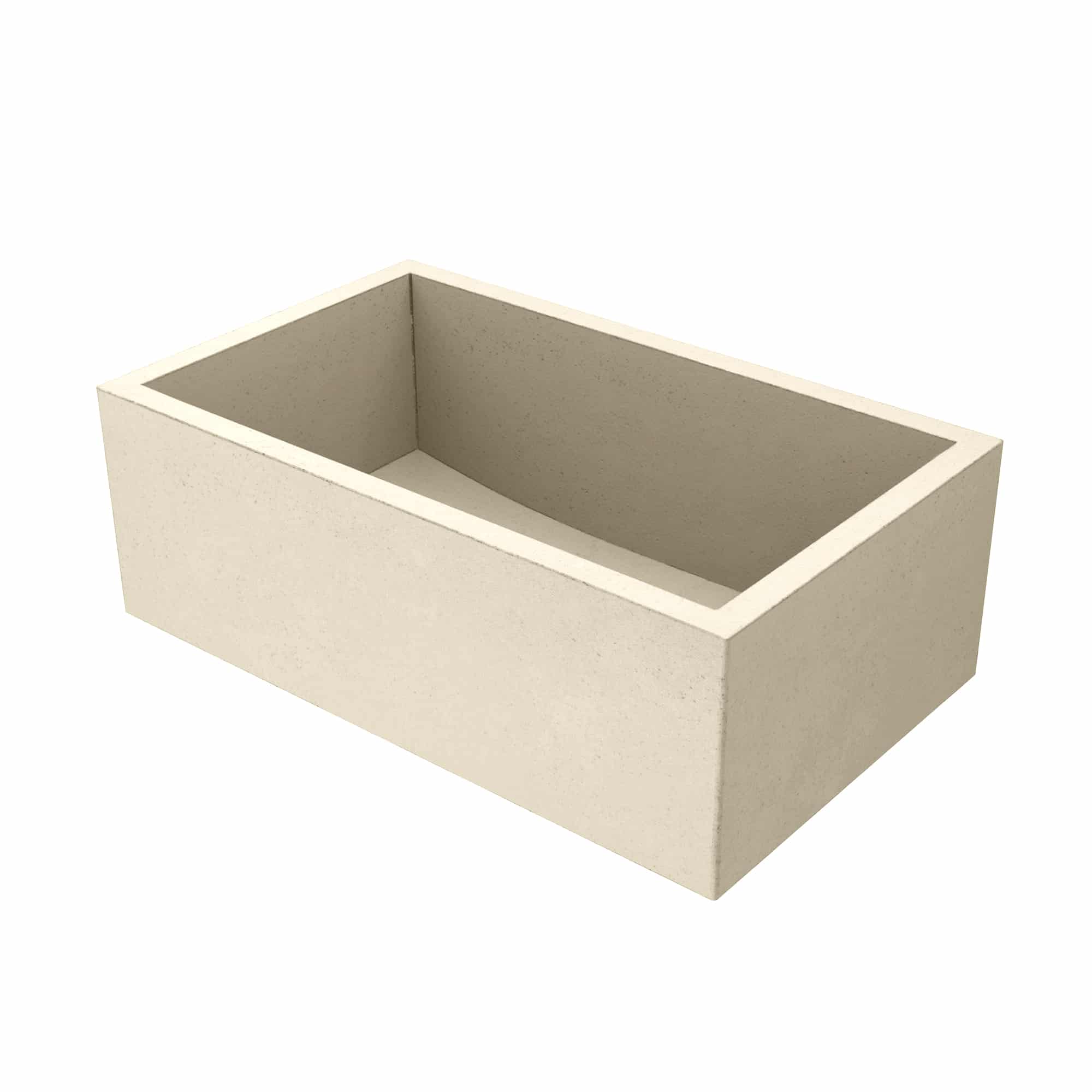 Sand-colored concrete farmhouse sink with rectangular basin and rim edge.
