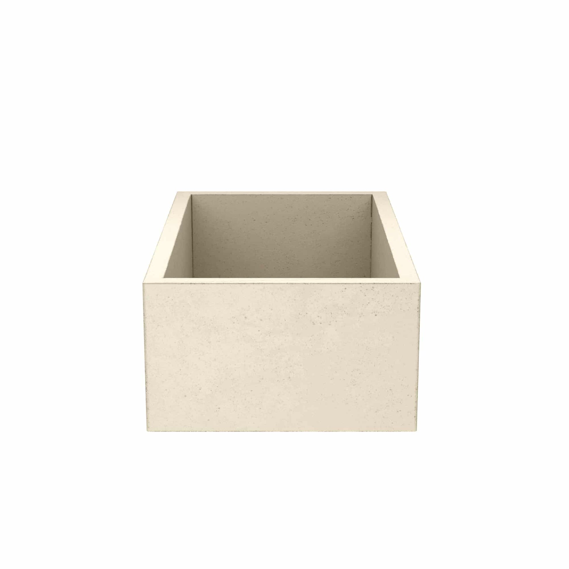 Sand-colored rectangular farmhouse sink with flat rim and interior basin.