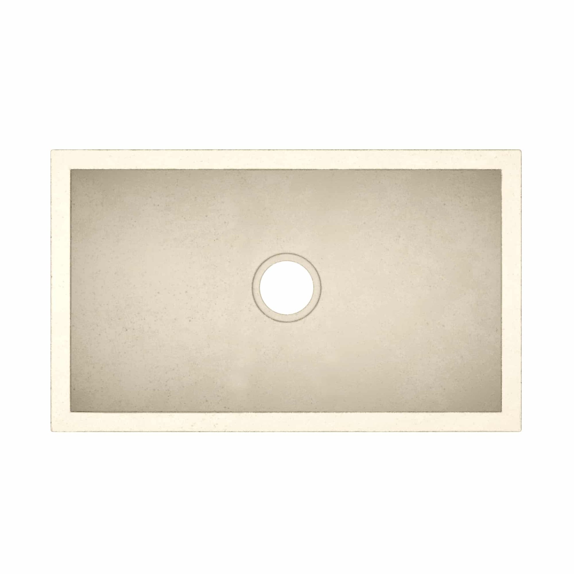Sand-colored rectangular farmhouse sink with single circular drain hole, viewed from above.