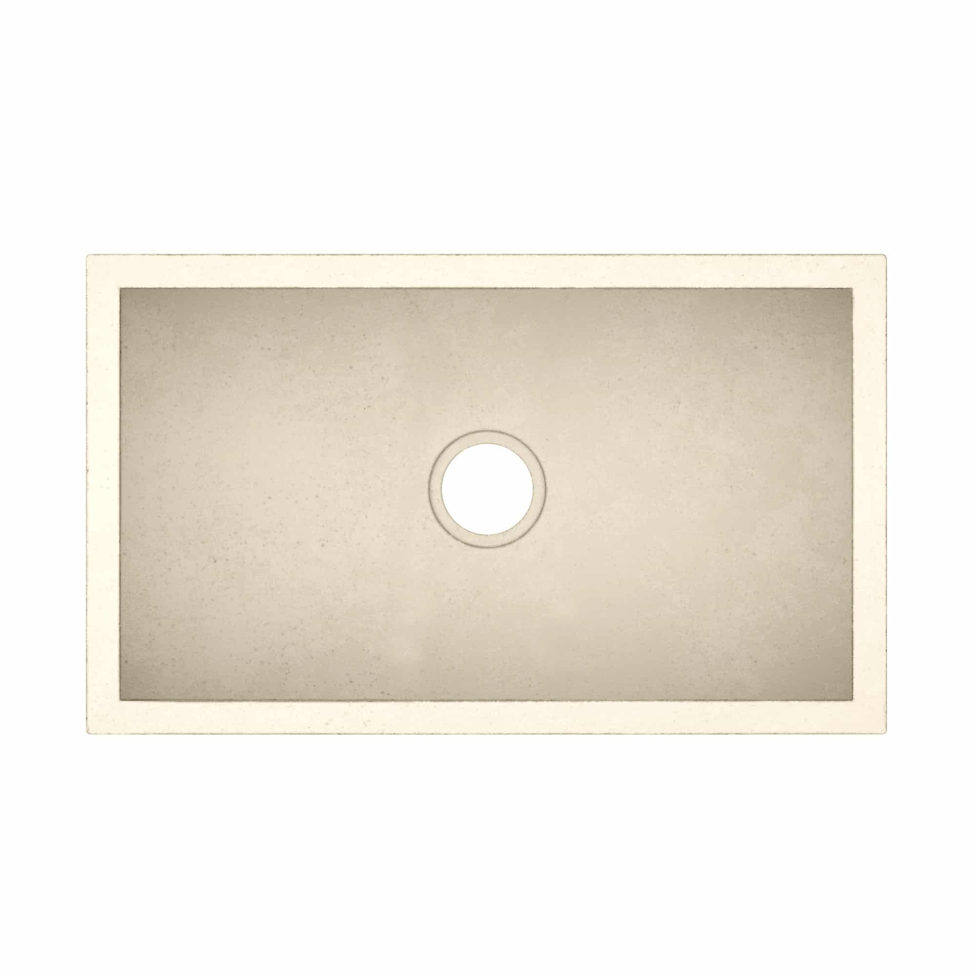 Sand-colored rectangular farmhouse sink with single circular drain hole, viewed from above.