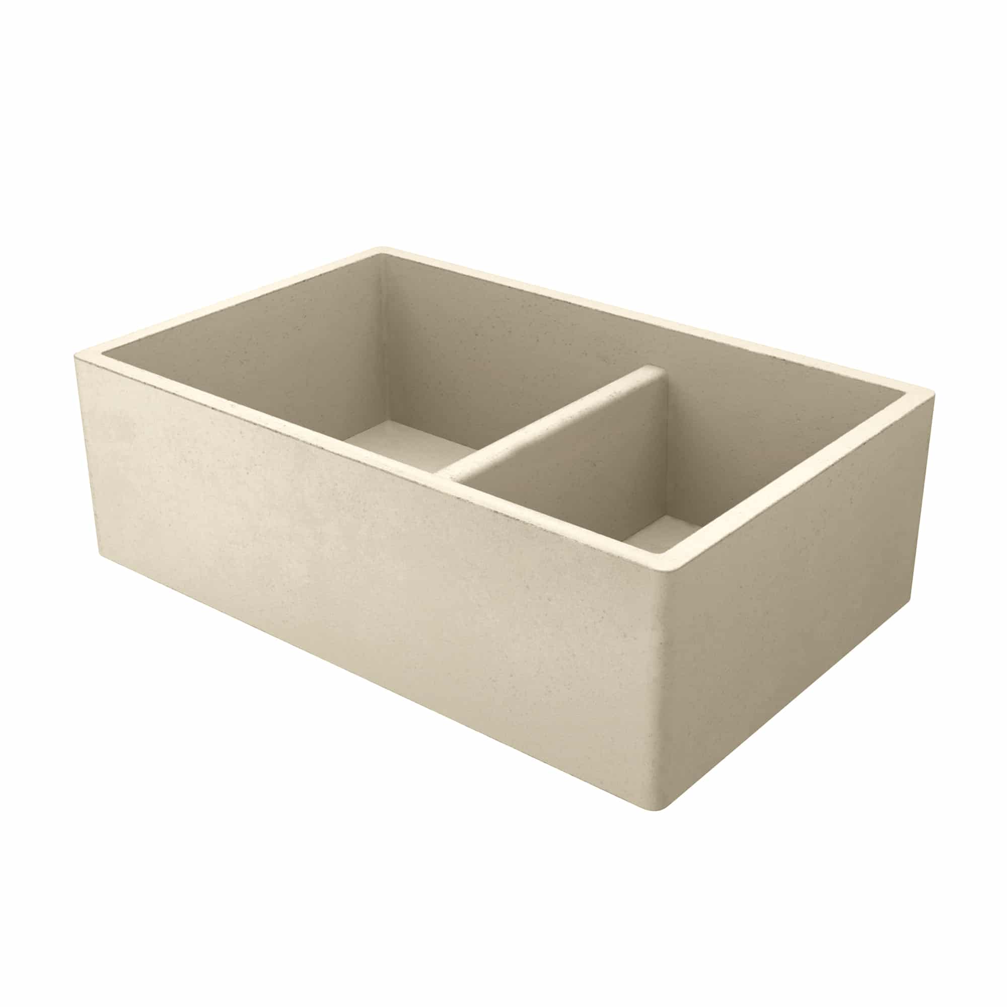 Sand-colored farmhouse double bowl sink with two equal compartments separated by a central divider.