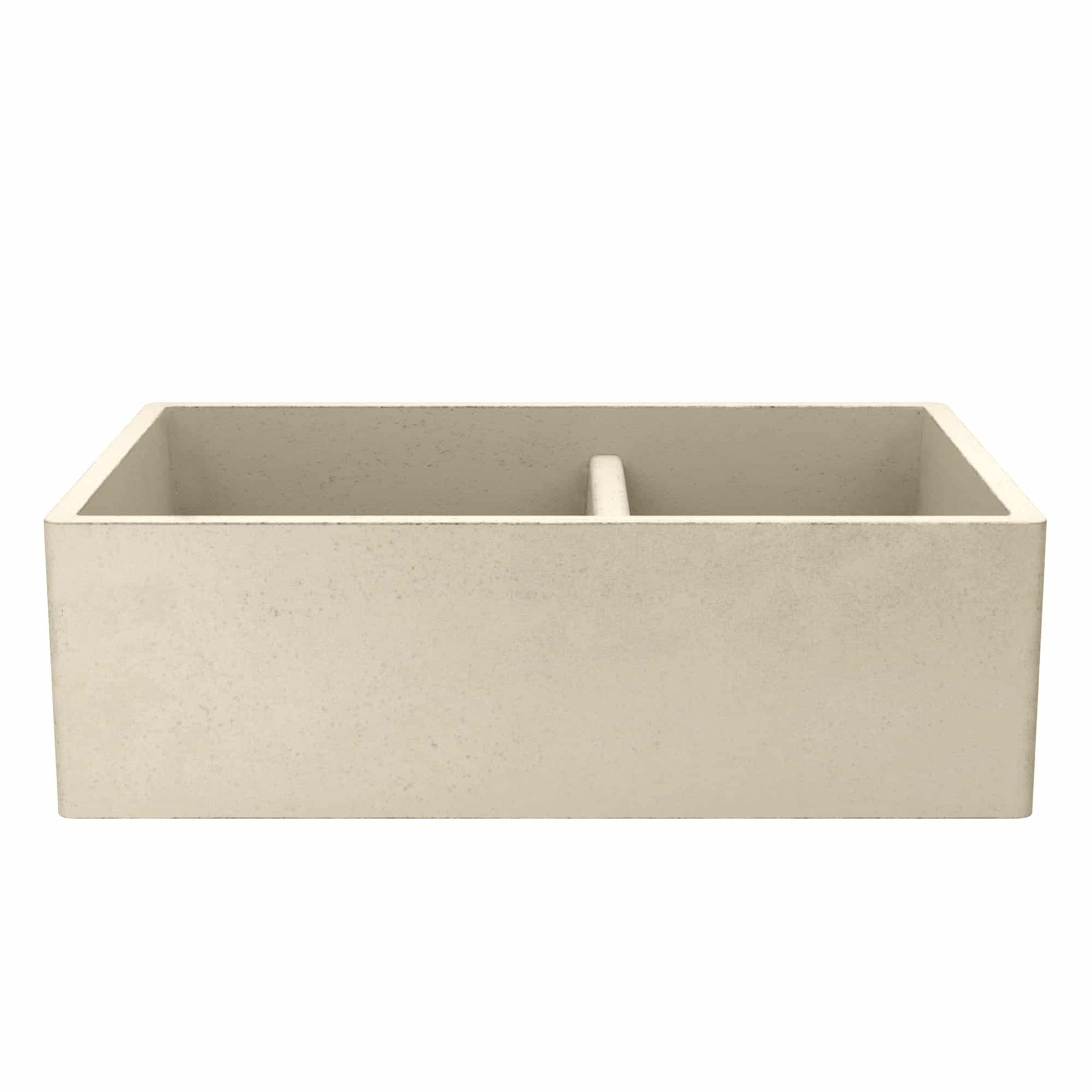 Sand-colored farmhouse sink with two bowls divided by a center divider, front view.