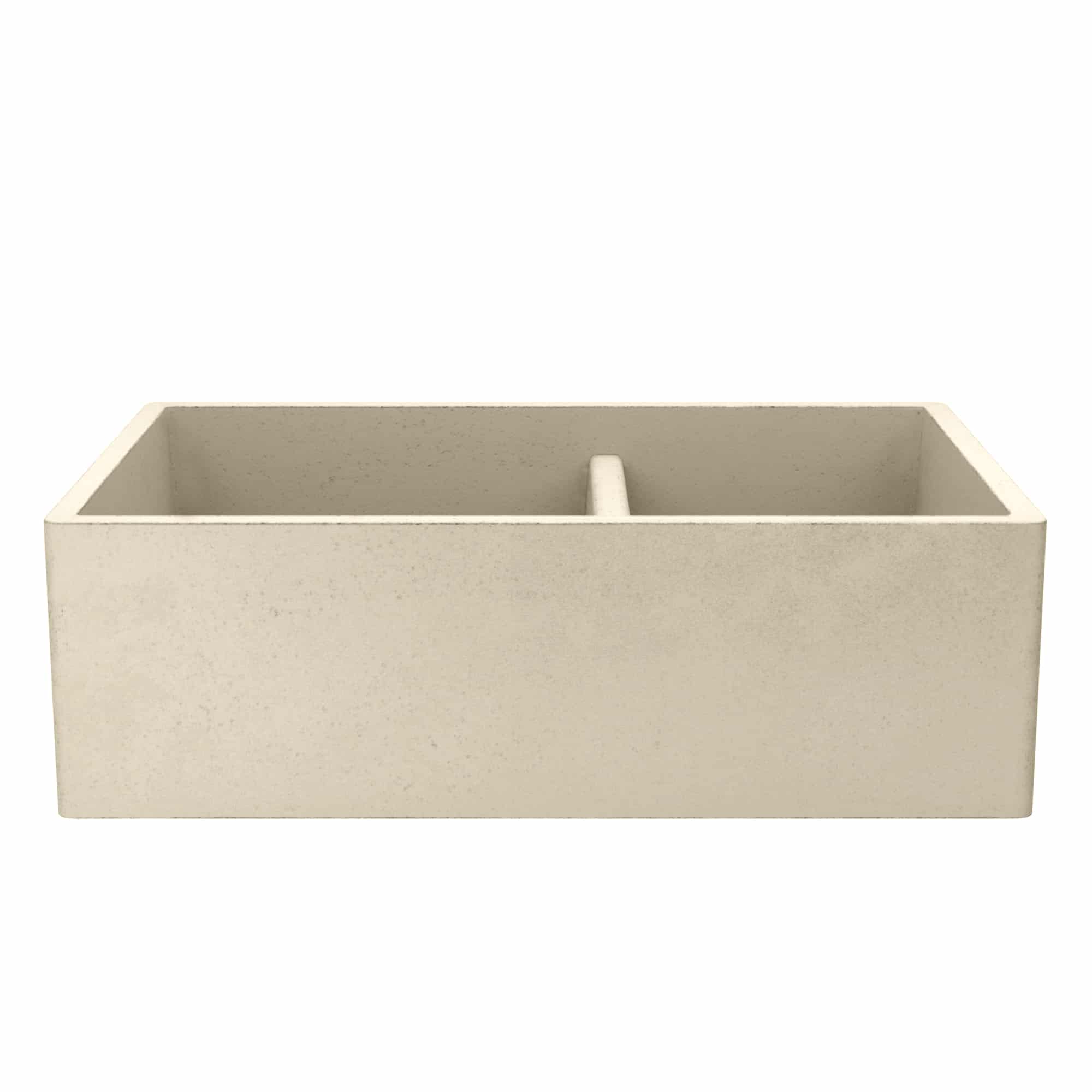 Sand-colored farmhouse sink with two bowls divided by a center divider, front view.
