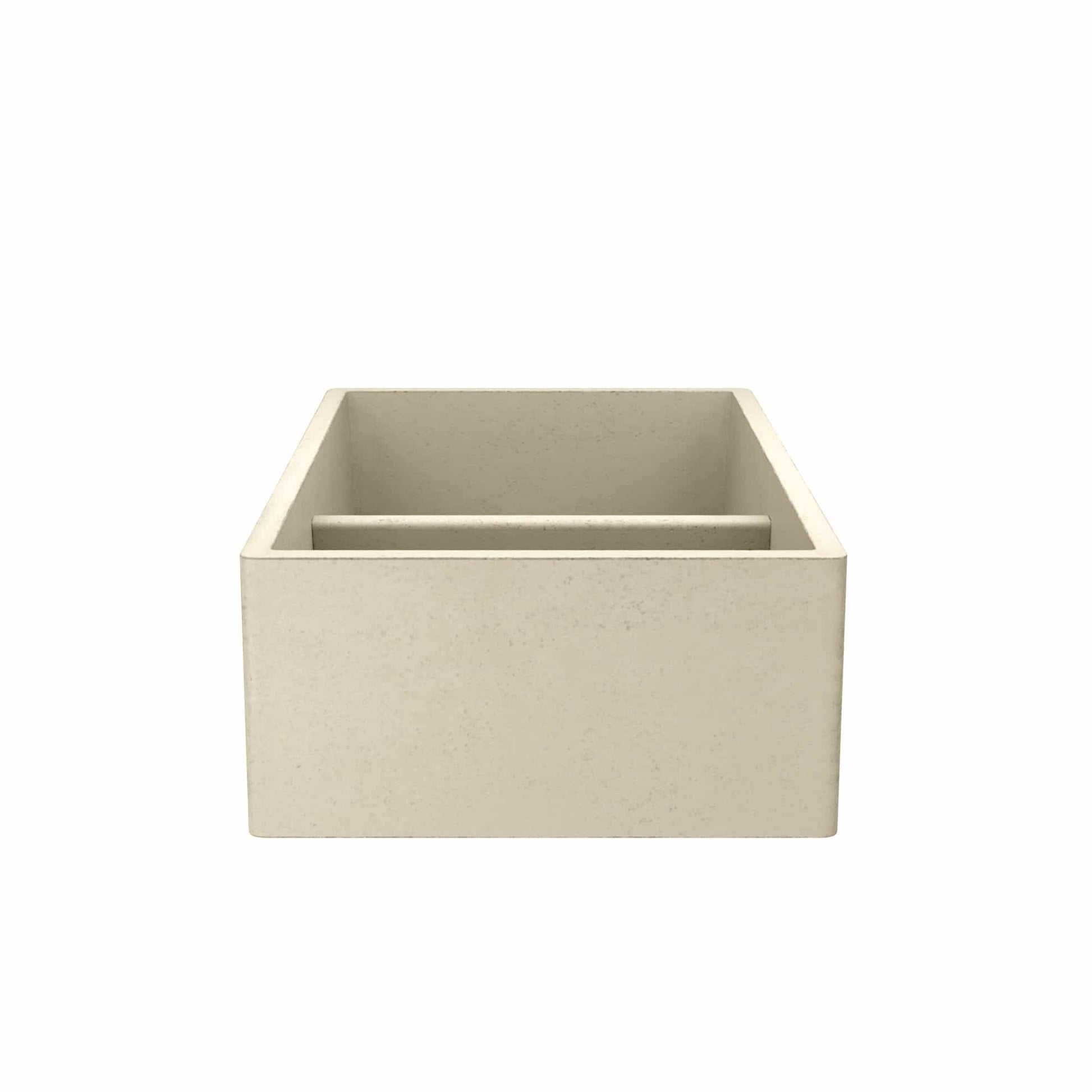 Sand-colored concrete farmhouse double bowl sink with divider, front view.