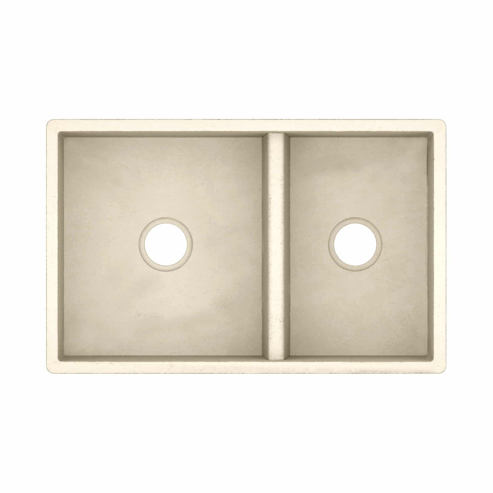 Sand-colored farmhouse double bowl sink with two equal rectangular basins separated by a central divider.