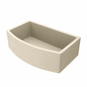 Sand-colored concrete farmhouse sink with curved front panel and rectangular basin.