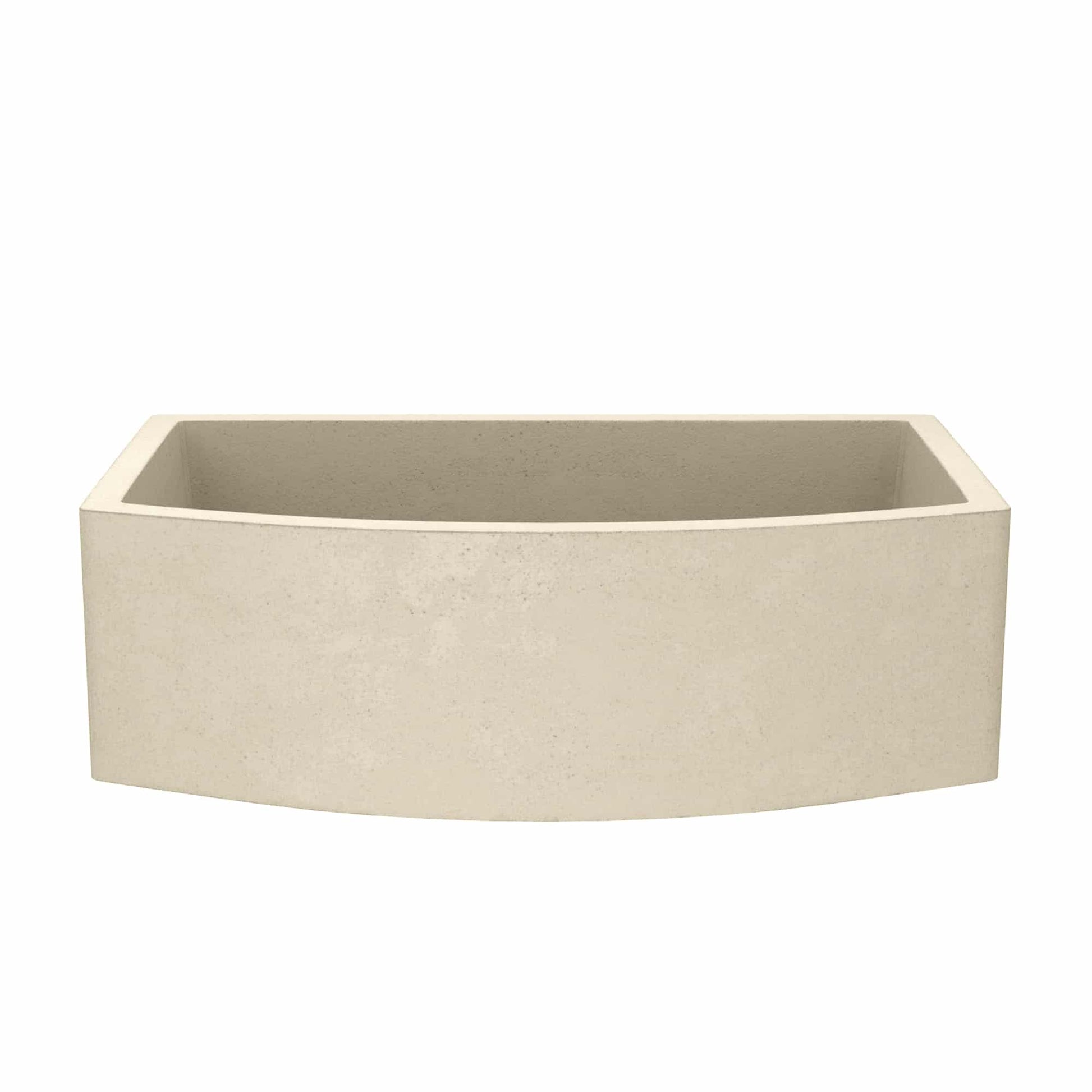 Sand-colored concrete farmhouse sink with curved front and deep basin, shown from above.