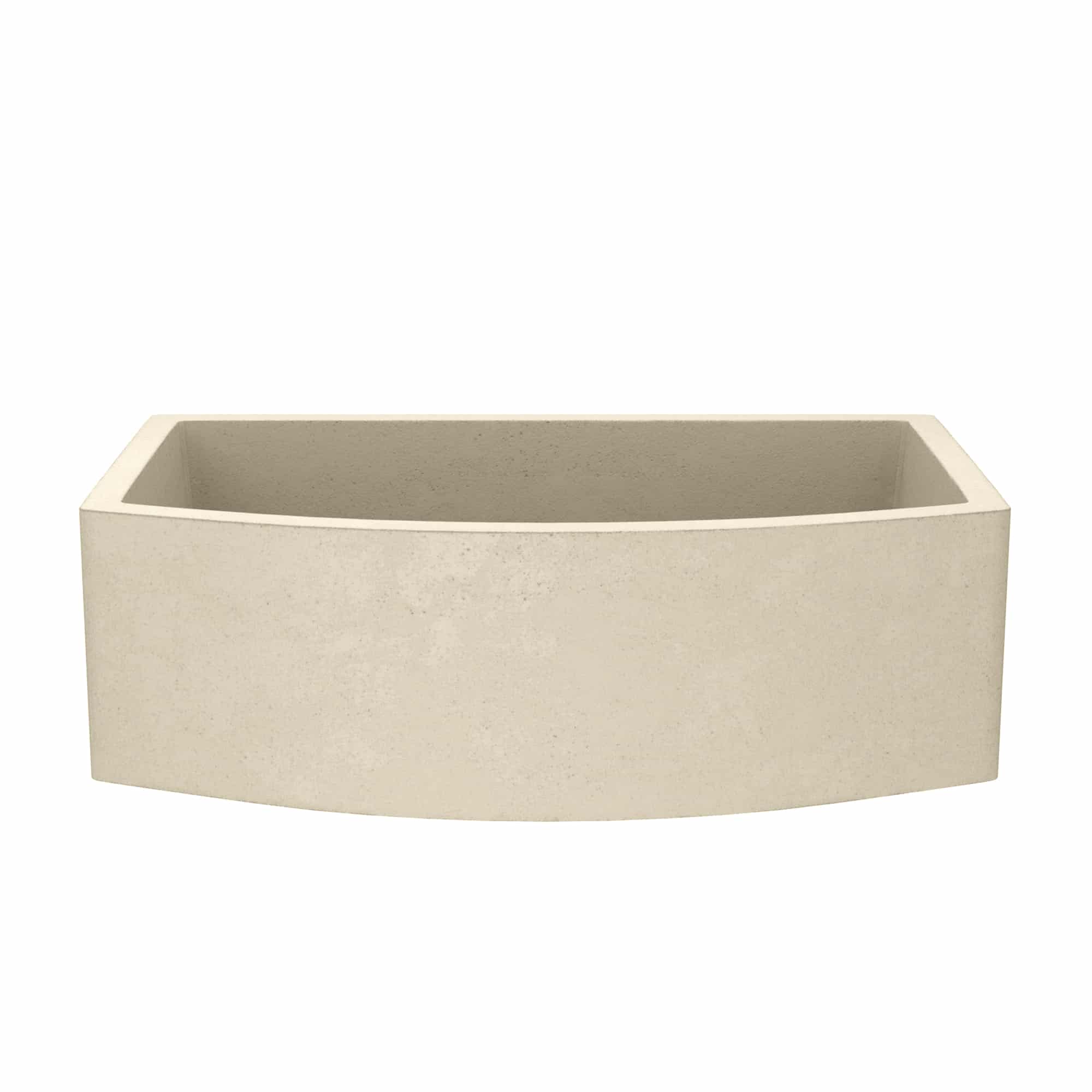 Sand-colored concrete farmhouse sink with curved front and deep basin, shown from above.