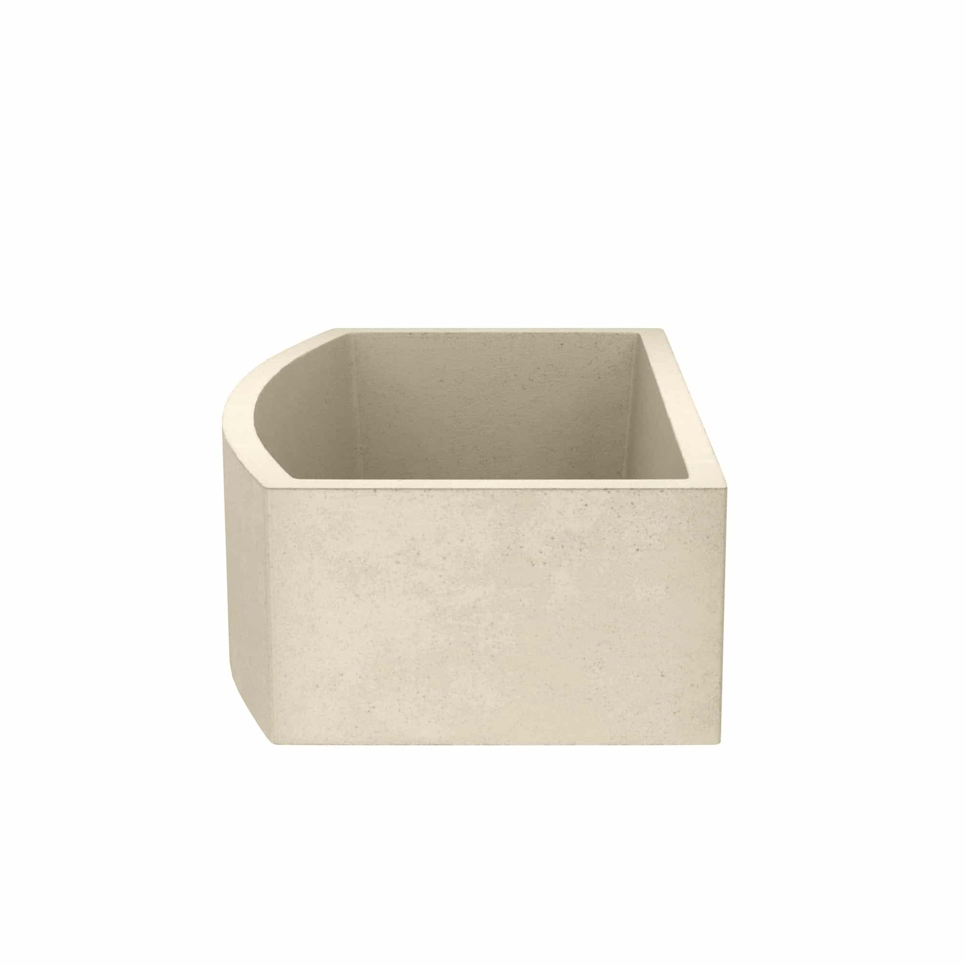Square sand-colored concrete farmhouse sink with rounded corner and curved interior walls.