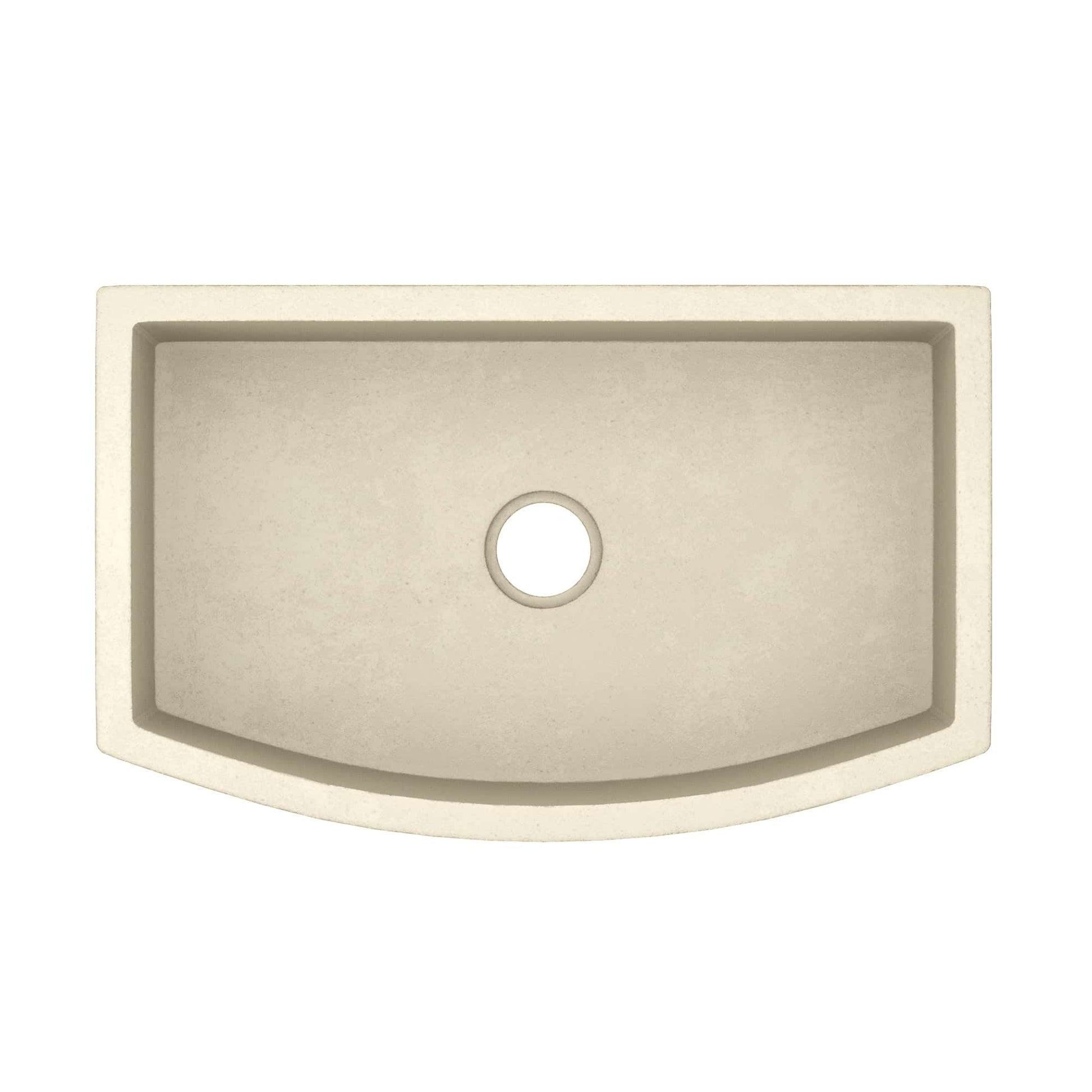 Sand-colored farmhouse sink with curved front apron and single center drain hole, viewed from above.
