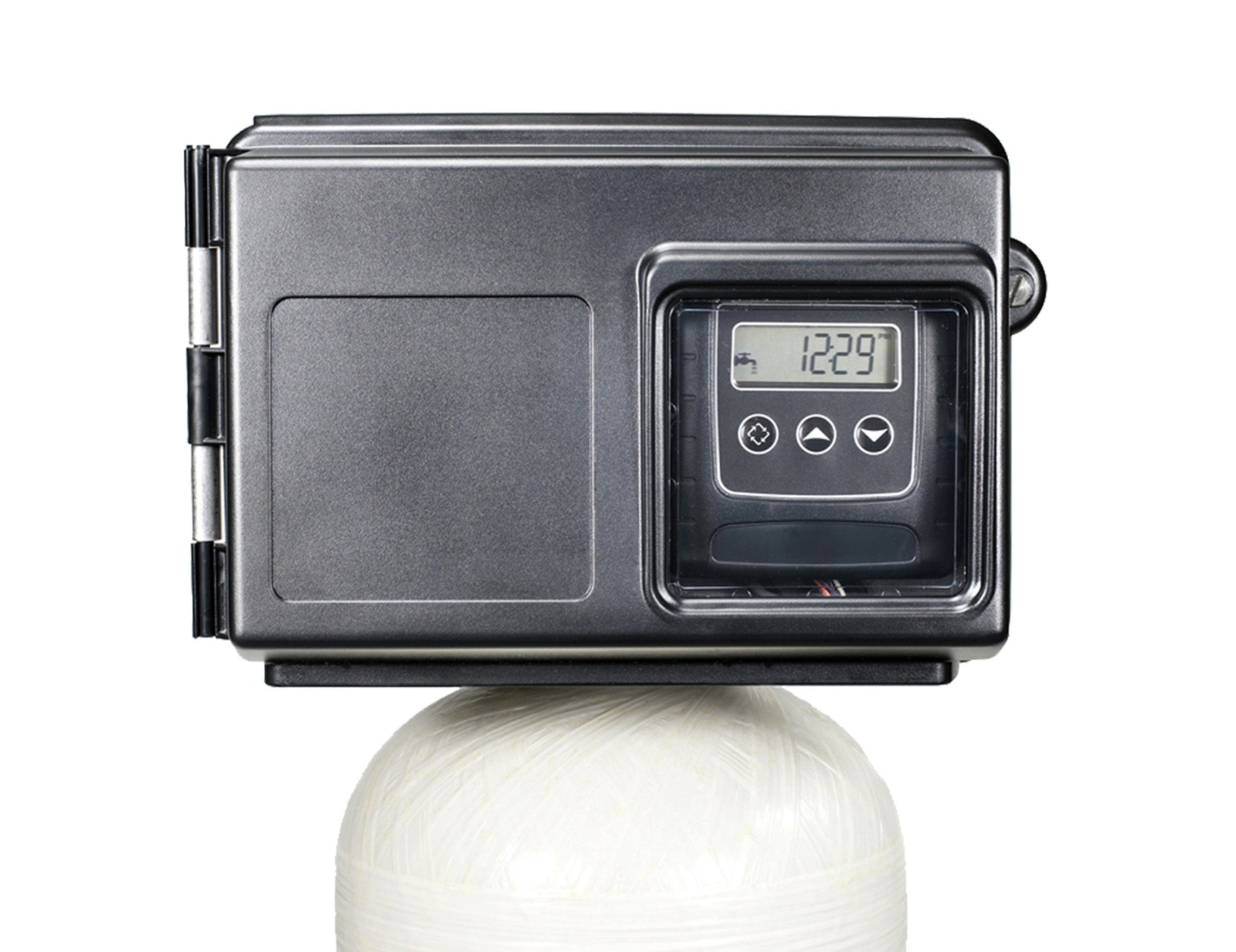 Electronic timer assembly with digital display showing 12:29, three control buttons, and gray housing mounted on white tank.
