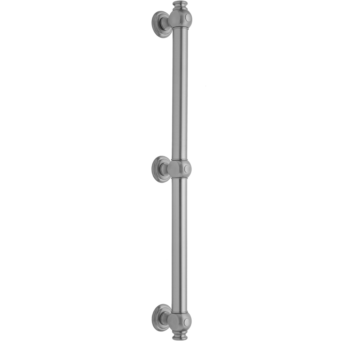 Satin nickel straight grab bar with three wall-mounted flanges and decorative rosettes.