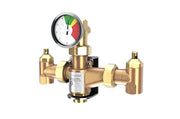 Guardian G6020 thermostatic mixing valve with brass body, temperature gauge dial, and inlet/outlet connections.