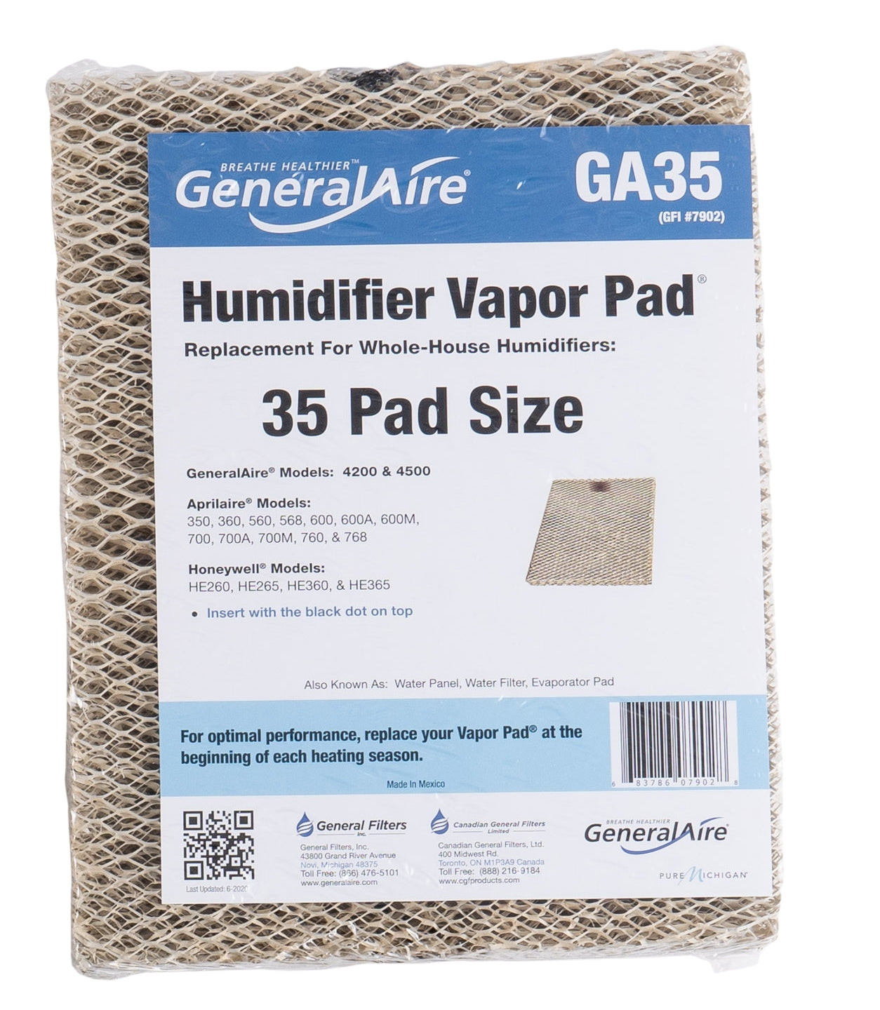 Tan mesh humidifier vapor pad with blue and white GeneralAire GA35 product label indicating 35 pad size replacement.