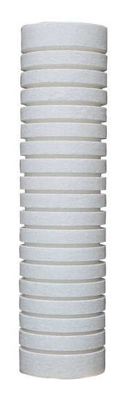 Cylindrical white poly-bonded water filter cartridge with grooved sides and stacked filtration layers.