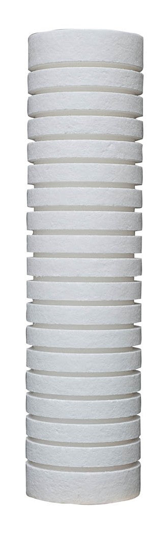 Cylindrical white poly-bonded water filter cartridge with grooved sides and stacked filtration layers.