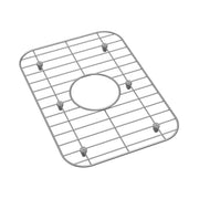 Stainless steel sink bottom grid with rectangular shape, wire mesh pattern, and circular drain opening with rubber feet.