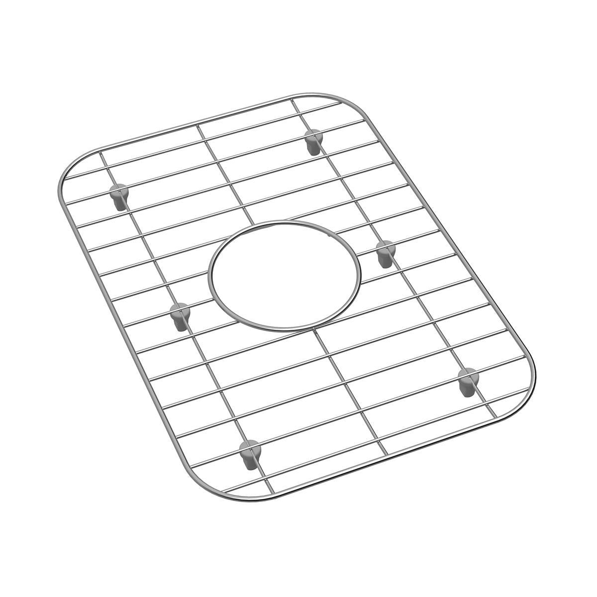 Stainless steel sink bottom grid with rounded corners, center drain opening, and corner mounting feet.