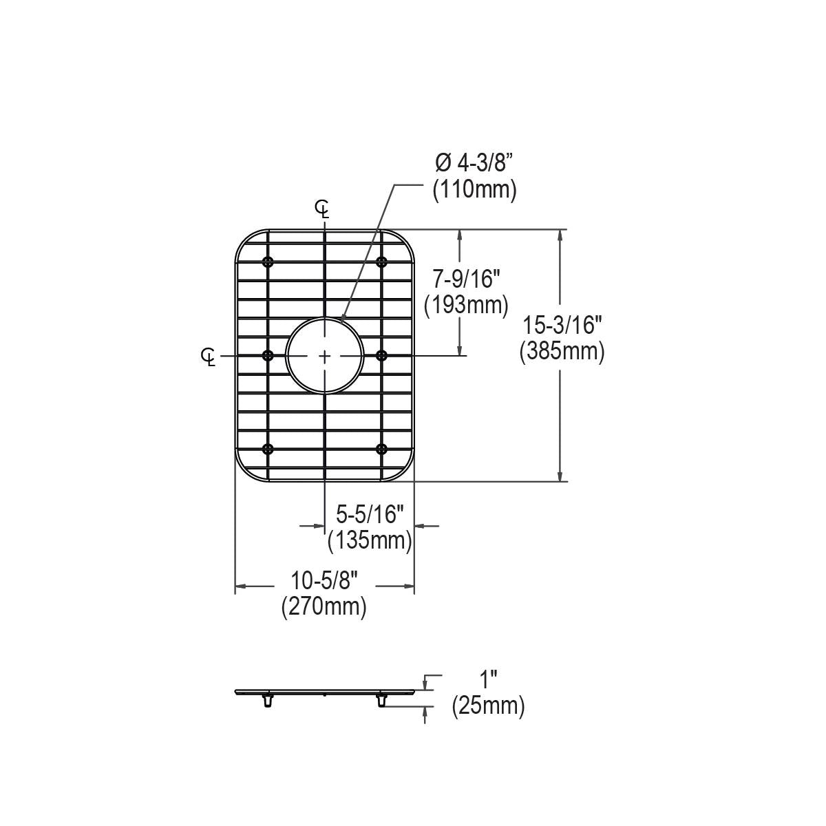 Stainless steel sink bottom grid with cross-hatch pattern and circular drain opening, 10-5/8" x 15-3/16" x 1" tall.
