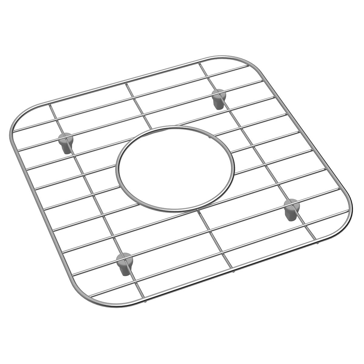 Stainless steel sink bottom grid with square wire pattern and center circular opening, featuring four corner mounting posts.