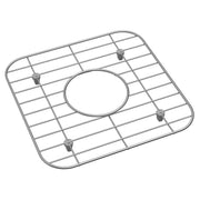Stainless steel sink bottom grid with square wire pattern and center circular opening, featuring four corner mounting posts.