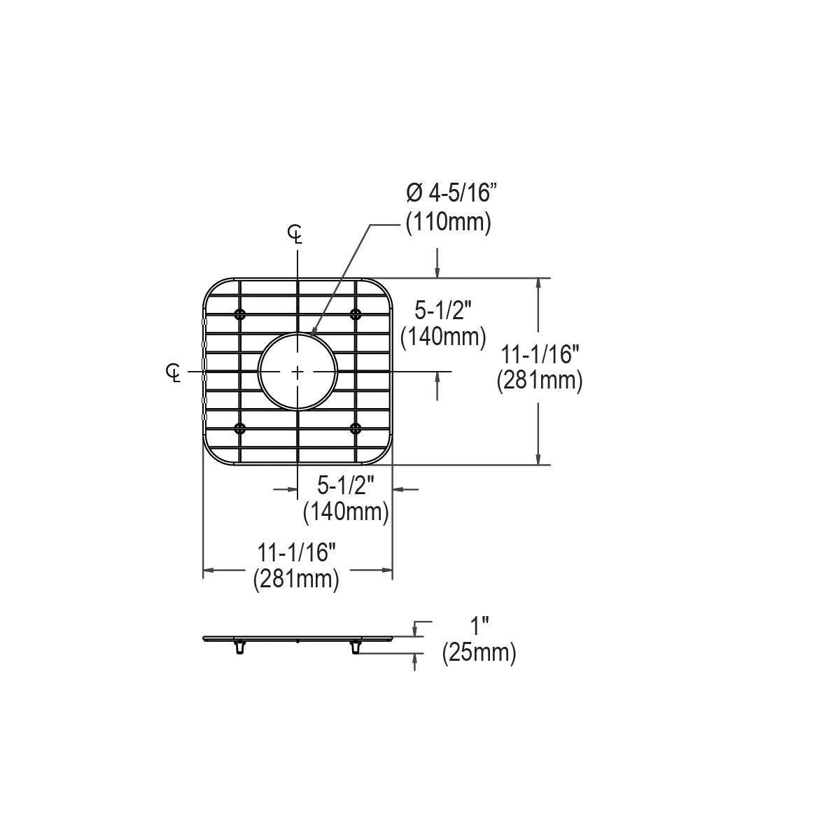 Stainless steel sink grid with square lattice pattern and circular center drain opening, shown in top and side views with dim